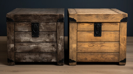 a wooden crate, before and after being upcycled into a rustic coffee table. Detailed texture, natural lighting, raw wood finish, before on a white background, after set in a cozy living room