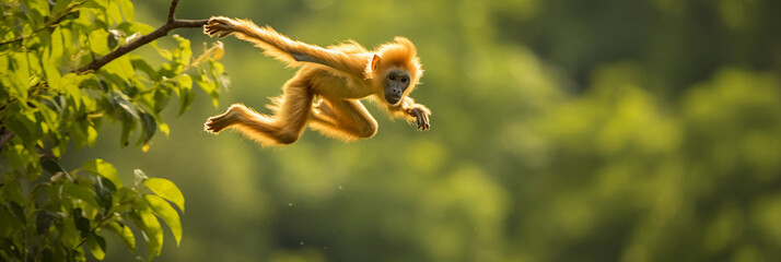a Golden Langur in a playful action shot, swinging from one tree to another against a rich, green jungle background. Dynamic