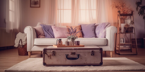 Repurposed vintage suitcase turned into a quirky coffee table, set in a cozy living room, artistic view, watercolor painting style, soft pastel tones