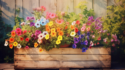 Fototapeta na wymiar Rustic wooden pallet transformed into a colorful garden planter, laden with vibrant flowers, in a sunny backyard, artistic view