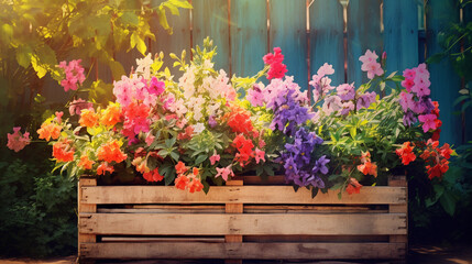 Fototapeta na wymiar Rustic wooden pallet transformed into a colorful garden planter, laden with vibrant flowers, in a sunny backyard, artistic view