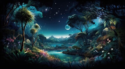 Fototapeta na wymiar Nocturnal rainforest, Highlighting the glowing bioluminescent plants, Active nocturnal creatures, Dense foliage, Flowing river, Generative AI