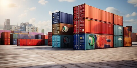 Fototapeta premium Shipping warehouse. Distribution center and freight storage. Industrial business logistics. Heavy transport and warehouse management. Concept of efficient commerce