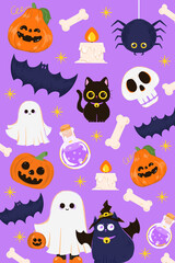 Cute Halloween festival background. Trick or treat, Witch, the cute black cat, skull, bat, candle, potion, festive, pumpkin.