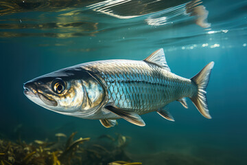 Fototapeta premium Close-up one Herring fish under water surface. Underwater shot of a gray fish underwater in a blue sea.
