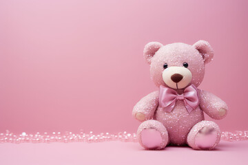 One cute plush glittery toy bear with pink bow isolated on pink background with copy space for text. Toy store banner template. 3d render illustration style.