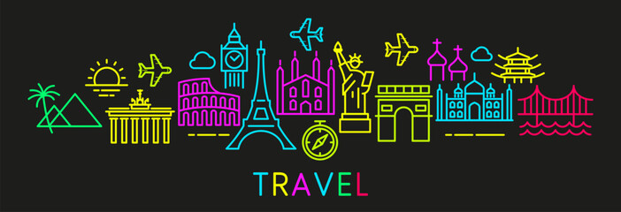 Set of conceptual travel icons. Signs in bright colors Background on the theme of tourism and travel. Web banner © vladgrin