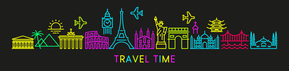 Set of conceptual travel icons. Signs in bright colors Background on the theme of tourism and travel. Web banner