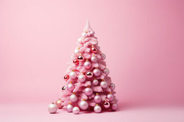 Creative fashionable fancy pink New Year's card. Creative Christmas tree with simple Christmas toys balls. Banner, invitation or greeting card template with copy space. 3d render illustration style.