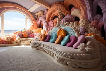 Retro style knitted cozy living room in pastel colors. Generative AI