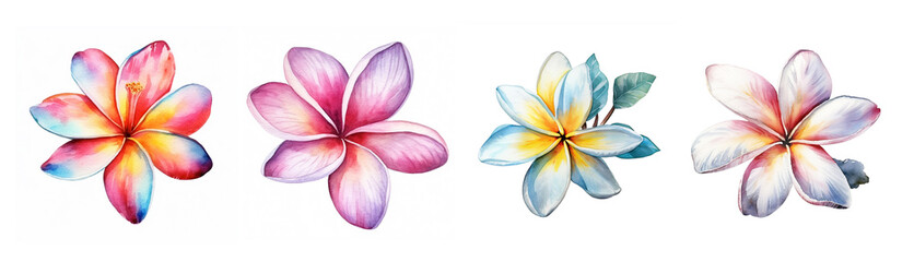 Fototapeta na wymiar Watercolor tropical flowers white frangipani set. Generative AI
