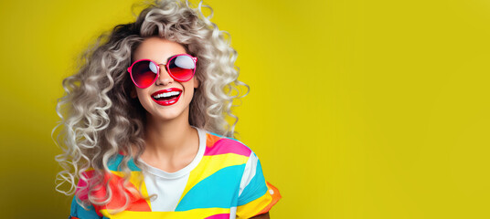 Retro 1980s Woman with Big Hair in Colorful Neon Clothes with Sunglasses on a Solid Background with Space for Copy - obrazy, fototapety, plakaty