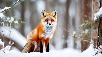 Fox portrait in snow winter forest