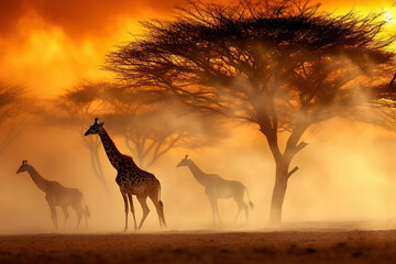 Fototapeta na wymiar giraffe in sunset