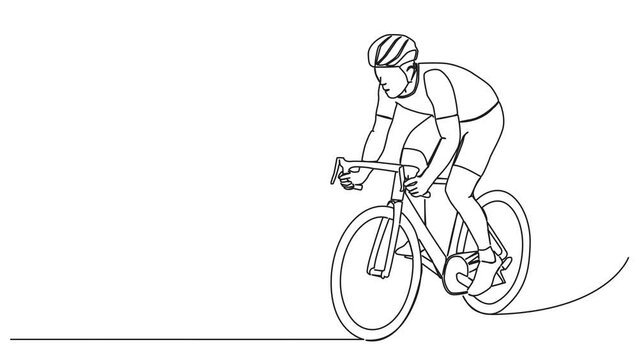 animated continuous single line drawing of racing cyclist on racer bike, line art animation