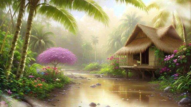 Beautiful scenery of magical house inside tropical jungle. Seamless loop video