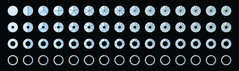 Set o light circle pie charts templates with dark background - Stock Vector