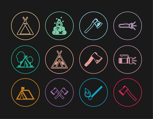 Set line Wooden axe, Flashlight, Tourist tent, with flag, Old wooden and Campfire icon. Vector