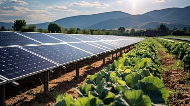 Vegetable plants grown under solar photovoltaic panel, the concept of agriculture and environmentally friendly renewable energy