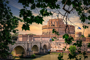 Sant'Angelo) and St. Angel bridge (Ponte Sant'Angelo) over Tiber river in Rome, Italy