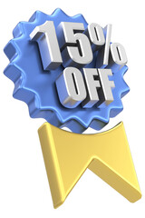 3D fifteen percent off. 15% off. Sale badge.