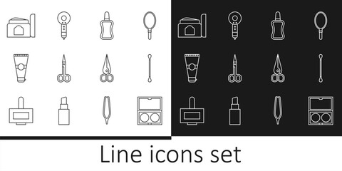 Set line Makeup powder with mirror, Cotton swab for ears, Nail polish bottle, Scissors, Lotion cosmetic tube, Cream, and Hair dryer icon. Vector