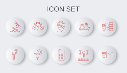 Set line Flower statistics, Router and wi-fi signal, Location tree, Smart farm with drone, and Remote control icon. Vector