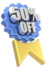 3D fifty percent off. 50% off. Sale badge.