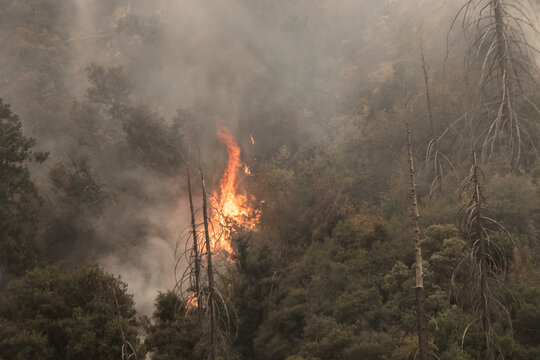 Helicopter dropping water on Yucaipa wildfire in California 