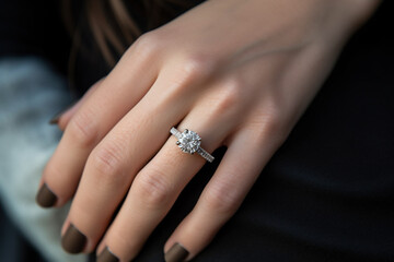Woman hand with engagement ring. Close up. High quality photo