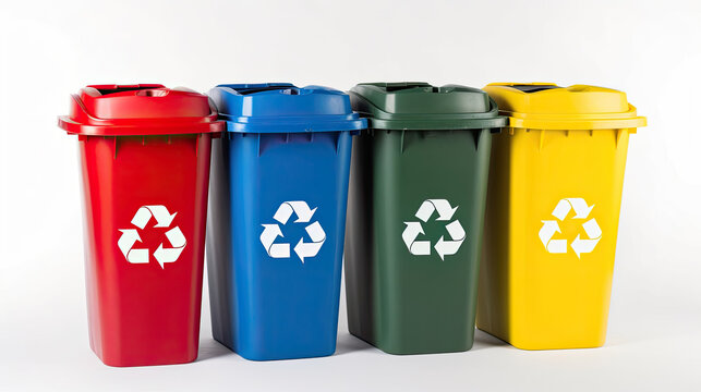 Collection of Yellow, Green, Blue and Red recycle bins with recycle symbol isolated on white background. Generative Ai