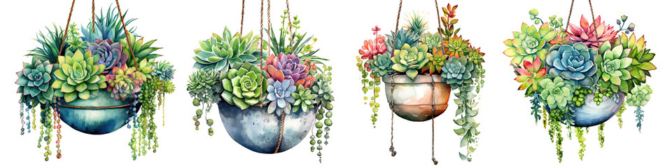 hanging planter filled with a variety of succulents watercolor collection hand drawn, succulents elegant watercolor illustration , succulents isolated transparent background, PNG.