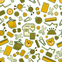 Vector seamless pattern set of illustrations for sewing, sewing supplies, background 