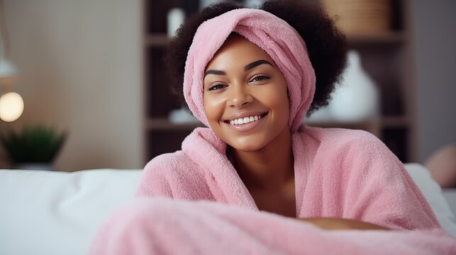 Portrait of a black woman in a towel, spa theme