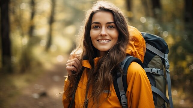 Woman hiking with backpack standing in forest