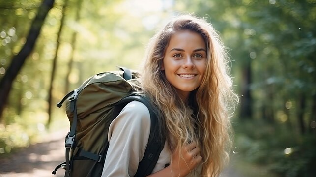Woman hiking with backpack standing in forest