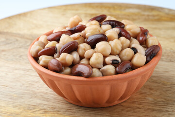 Three types of pulses, rajma, Kabuli chana or chickpeas , black eyed peas