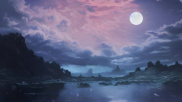 Beautiful scenery of night with full moon. Seamless loop video