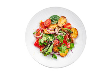 baked potato salad vegetable potato, tomato, onion, salad leaves, salad dressing vinaigrette vegetables food healthy meal food snack on the table copy space food background rustic top view 
