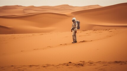 A lone astronaut steps forward on a rocky desert planet. Mars exploration. Science fiction universe exploration. Future concept. Generative AI. Illustration for banner, poster, cover or presentation.