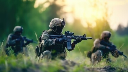 Fototapeta premium A group of soldiers take aim from tactical sniper rifles. Military operation. Special Forces with guns on the field. Army concept. Illustration for banner, poster, cover, brochure or presentation.