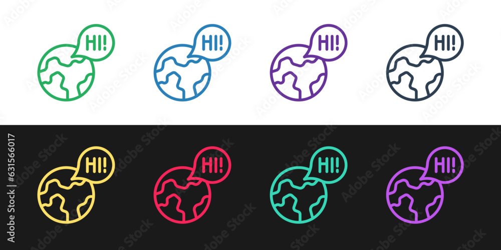 Poster set line learning foreign languages icon isolated on black and white background. translation, langua