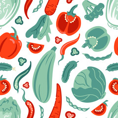 Fresh Red and green vegetables. Tomato, carrot, chili pepper, seamless pattern. Healthy lifestyle, wholesome food, veganism, vegetarianism. For menu, cafe, tablecloth, shopper, fabric.