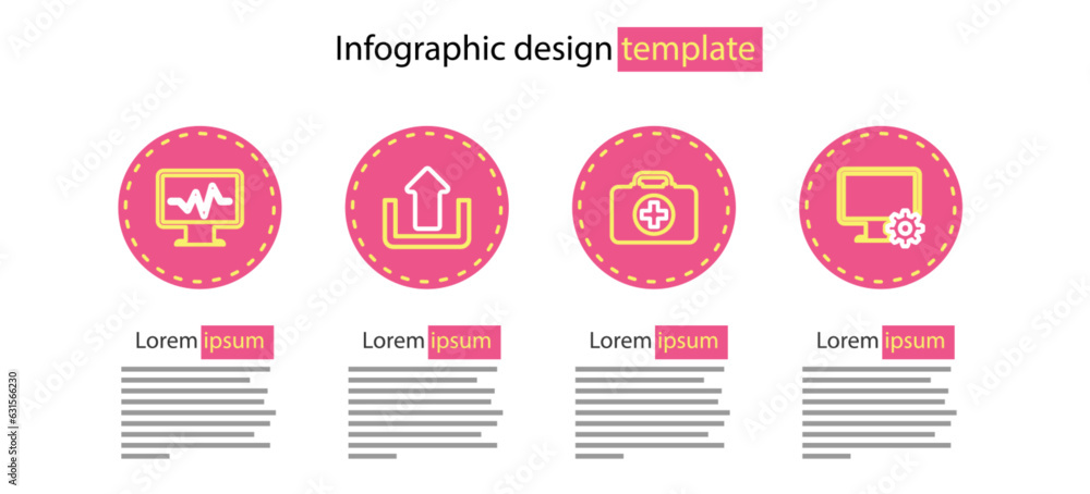 Sticker set line first aid kit, computer monitor and gear, upload and monitor with cardiogram icon. vector