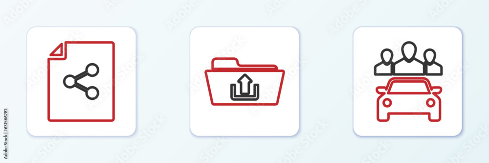 Poster set line car sharing, share file and folder upload icon. vector