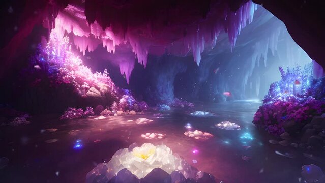 Beautiful scenery of glowing crystal in the cave. Seamless loop video