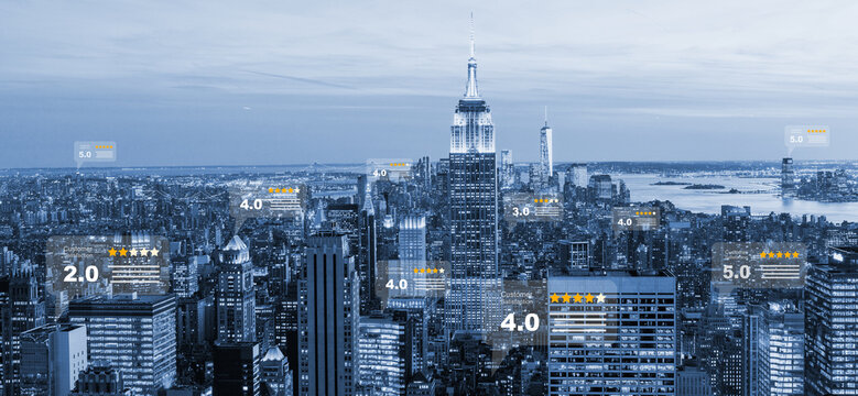 online communication concept, social network with speech bubbles with customer review on blue cityscape background.