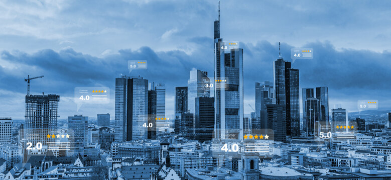 online communication concept, social network with speech bubbles with customer review on blue cityscape background.