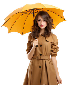 A young brown-haired woman in a brown autumn coat with an orange umbrella in her hand. Isolated on a transparent background.
