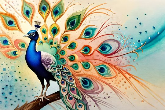 Watercolor splash art image of a peacock